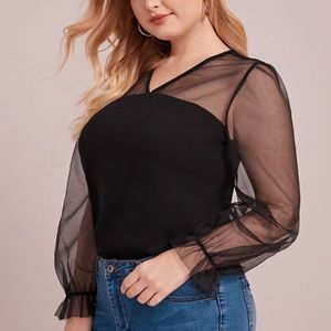SOLD Plus Ruffle Cuff Sheer Mesh Insert Top
